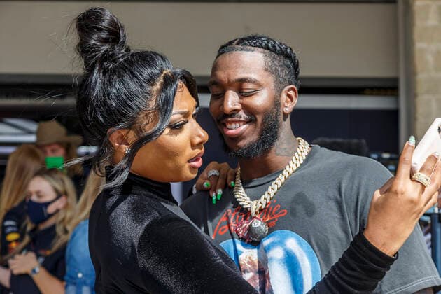 AUSTIN, TX - OCTOBER 24: Megan Thee Stallion and Pardi Fontaine, famous rappers on the grid before the Formula1 Aramco United States Grand Prix held October 24, 2021 at the Circuit of the Americas in Austin, TX. (Photo by Allan Hamilton Icon Sportswire) AUTO: OCT 24 F1 - Aramco United States Grand Prix Icon211024121