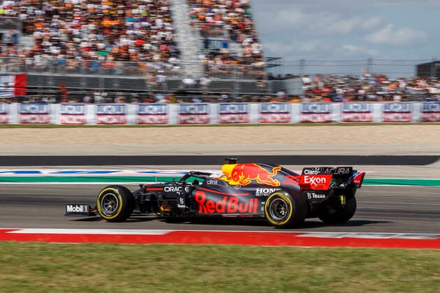 AUSTIN, TX - OCTOBER 24: Red Bull Racing Honda driver Max Verstappen (33) (NED) exits turn 19 during the Formula1 Aramco United States Grand Prix held October 24, 2021 at the Circuit of the Americas in Austin, TX. (Photo by Allan Hamilton Icon Sportswire) AUTO: OCT 24 F1 - Aramco United States Grand Prix Icon211024211