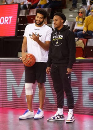 Ludwigsburg , Basketball easycredit BBL Bundesliga MHP Riesen Ludwigsburg vs Telekom Baskets Bonn , from left Yoeli Childs James Woodard Riesen