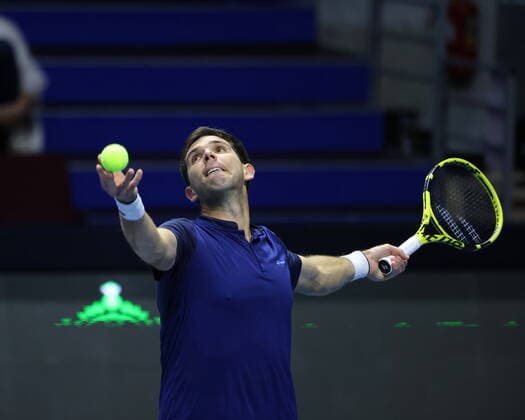 Saint Petersburg, Russia - 26 october 2021: Tennis. Federico Delbonis plays during a match against Pablo Andujar at the St.Petersburg Ladies Trophy 2021 tennis tournament. Pablo Andujar. MaksimxKonstantinov