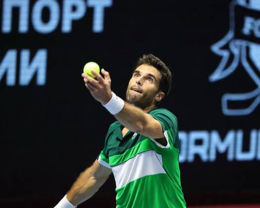 Saint Petersburg, Russia - 26 october 2021: Tennis. Federico Delbonis plays during a match against Pablo Andujar at the St.Petersburg Ladies Trophy 2021 tennis tournament. Pablo Andujar. MaksimxKonstantinov
