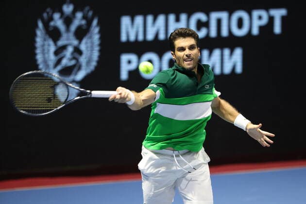 Saint Petersburg, Russia - 26 october 2021: Tennis. Federico Delbonis plays during a match against Pablo Andujar at the St.Petersburg Ladies Trophy 2021 tennis tournament. Pablo Andujar. MaksimxKonstantinov