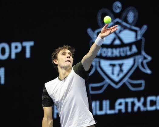 Saint Petersburg, Russia - 26 october 2021: Tennis. Egor Gerasimov plays during a match against Mackenzie McDonald at the St.Petersburg Ladies Trophy 2021 tennis tournament. MaksimxKonstantinov