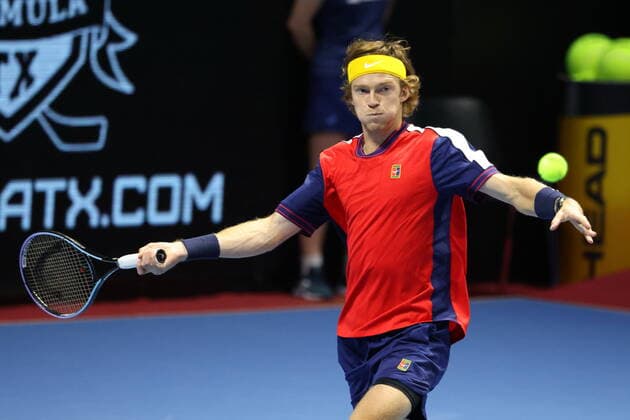 Saint Petersburg, Russia - 26 october 2021: Tennis. Karen Khachanov, Andrey Rublev plays during a match against Daniil Golubev, Evgenii Tiurnev at the SPB Open 2021 tennis tournament. Andrey Rublev. MaksimxKonstantinov