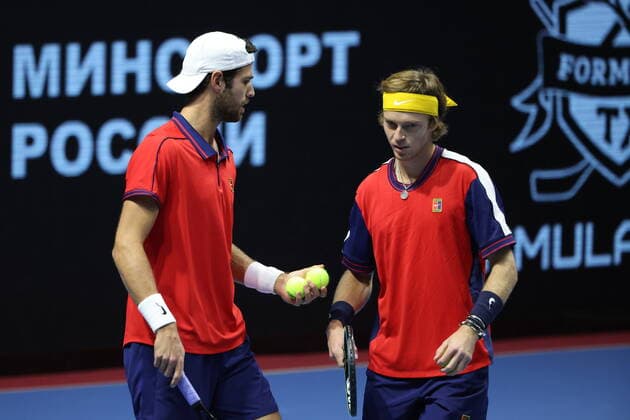 October 26, 2021, St. Petersburg, Russia: Karen Khachanov and Andrey Rublev of Russia seen in action during a match Karen Khachanov, Andrey Rublev of Russia against Daniil Golubev, Evgenii Tiurnev of Russia at the St. Petersburg Open, 2021 tennis tournament at Sibur Arena..Final score: St. Petersburg Russia - ZUMAs197 20211026_zaa_s197_111 Copyright: xMaksimxKonstantinovx