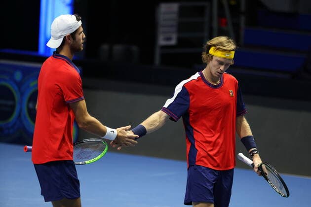 October 26, 2021, St. Petersburg, Russia: Karen Khachanov and Andrey Rublev of Russia seen in action during a match Karen Khachanov, Andrey Rublev of Russia against Daniil Golubev, Evgenii Tiurnev of Russia at the St. Petersburg Open, 2021 tennis tournament at Sibur Arena..Final score: St. Petersburg Russia - ZUMAs197 20211026_zaa_s197_114 Copyright: xMaksimxKonstantinovx