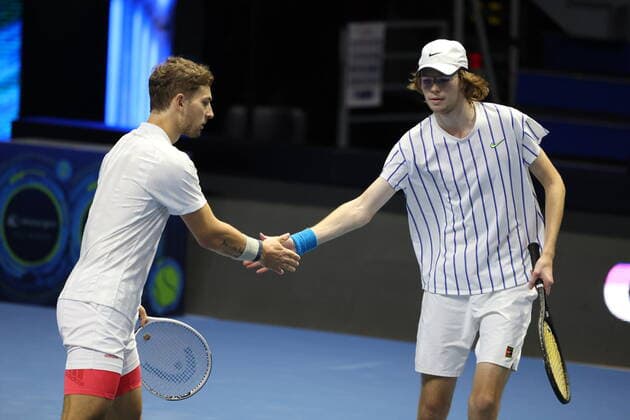 October 26, 2021, St. Petersburg, Russia: Daniil Golubev and Evgenii Tiurnev of Russia seen in action during a match Karen Khachanov, Andrey Rublev of Russia against Daniil Golubev, Evgenii Tiurnev of Russia at the St. Petersburg Open, 2021 tennis tournament at Sibur Arena..Final score: St. Petersburg Russia - ZUMAs197 20211026_zaa_s197_116 Copyright: xMaksimxKonstantinovx