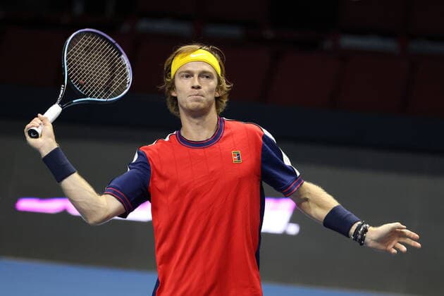 October 26, 2021, St. Petersburg, Russia: Andrey Rublev of Russia seen in action during a match Karen Khachanov, Andrey Rublev of Russia against Daniil Golubev, Evgenii Tiurnev of Russia at the St. Petersburg Open, 2021 tennis tournament at Sibur Arena..Final score: St. Petersburg Russia - ZUMAs197 20211026_zaa_s197_121 Copyright: xMaksimxKonstantinovx