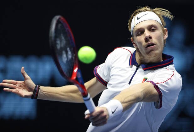 ST PETERSBURG, RUSSIA - OCTOBER 27, 2021: Canada s Denis Shapovalov returns the ball in his singles Round of 16 tennis match against Spain s Pablo Andujar at the St Petersburg Open 2021 international tournament held at Sibur Arena as part of the ATP, Tennis Herren World Tour 250 series. Peter Kovalev TASS  TS115E45