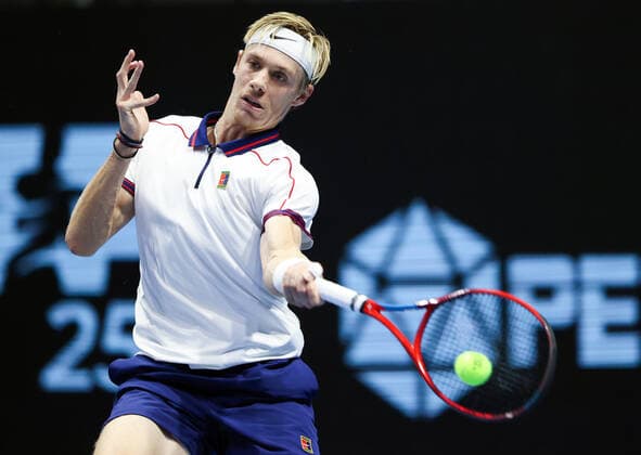 ST PETERSBURG, RUSSIA - OCTOBER 27, 2021: Canada s Denis Shapovalov returns the ball in his singles Round of 16 tennis match against Spain s Pablo Andujar at the St Petersburg Open 2021 international tournament held at Sibur Arena as part of the ATP, Tennis Herren World Tour 250 series. Peter Kovalev TASS  TS115E55
