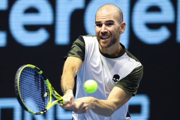 ST PETERSBURG, RUSSIA - OCTOBER 27, 2021: France s Adrian Mannarino returns the ball in his singles Round of 32 tennis match against Russia s Karen Khachanov at the St Petersburg Open 2021 international tournament held at Sibur Arena as part of the ATP, Tennis Herren World Tour 250 series. Peter Kovalev TASS  TS115EBD