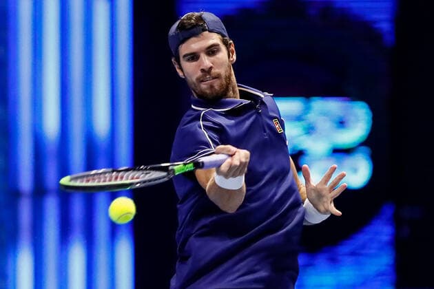 ATP, Tennis Herren St. Petersburg Open 2021 International Tennis Tournament Karen Khachanov of Russia returns the ball to Adrian Mannarino of France during the men s singles Round of 32 tennis match of the ATP 250 St. Petersburg Open 2021 International Tennis Tournament at the Sibur Arena on October 26, 2021 in Saint Petersburg, Russia. Saint Petersburg Russia  Copyright: xMikexKireevx kireev-notitle211027_npGVa