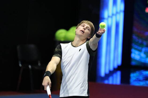 Saint Petersburg, Russia - 27 october 2021: Tennis. Andrey Rublev plays during a match against Ilya Ivashka at the St.Petersburg Open 2021 tennis tournament. Ilya Ivashka. MaksimxKonstantinov