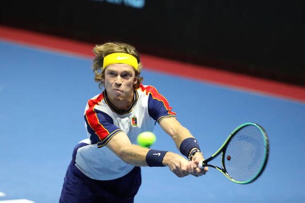 Saint Petersburg, Russia - 27 october 2021: Tennis. Andrey Rublev plays during a match against Ilya Ivashka at the St.Petersburg Open 2021 tennis tournament. Andrey Rublev. MaksimxKonstantinov