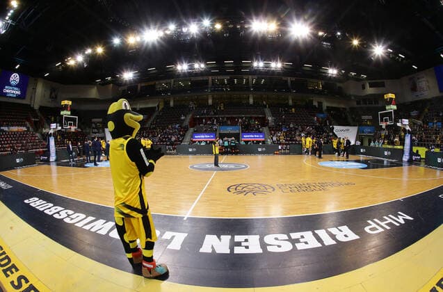 Ludwigsburg , Basketball Champions League MHP Riesen Ludwigsburg vs Lenovo Tenerife , Overview MHP Arena with mascot Lurchi
