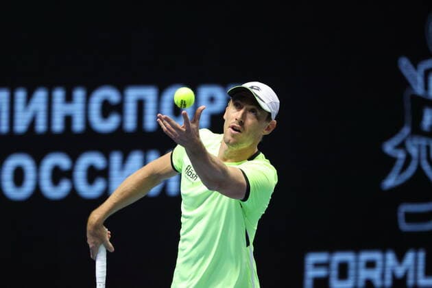 Saint Petersburg, Russia - 28 october 2021: Tennis. Aslan Karatsev plays during a match against John Millman at the St.Petersburg Open 2021 tennis tournament. John Millman. MaksimxKonstantinov