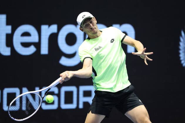 Saint Petersburg, Russia - 28 october 2021: Tennis. Aslan Karatsev plays during a match against John Millman at the St.Petersburg Open 2021 tennis tournament. John Millman. MaksimxKonstantinov