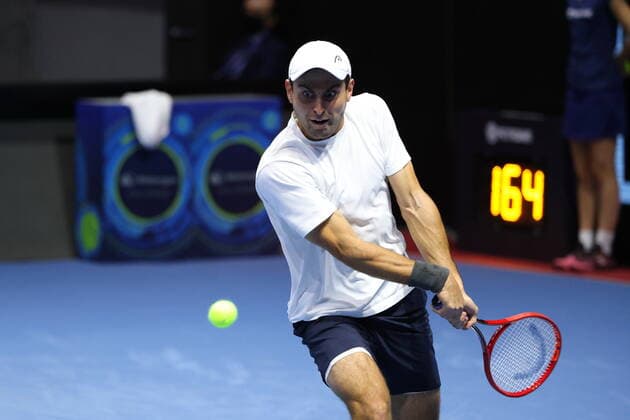 Saint Petersburg, Russia - 28 october 2021: Tennis. Aslan Karatsev plays during a match against John Millman at the St.Petersburg Open 2021 tennis tournament. Aslan Karatsev. MaksimxKonstantinov