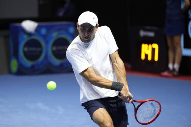 Saint Petersburg, Russia - 28 october 2021: Tennis. Aslan Karatsev plays during a match against John Millman at the St.Petersburg Open 2021 tennis tournament. Aslan Karatsev. MaksimxKonstantinov