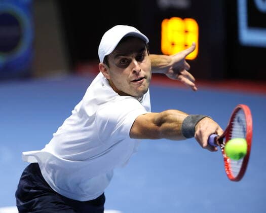 Saint Petersburg, Russia - 28 october 2021: Tennis. Aslan Karatsev plays during a match against John Millman at the St.Petersburg Open 2021 tennis tournament. Aslan Karatsev. MaksimxKonstantinov