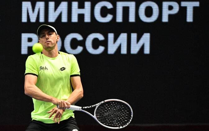 6683367 28.10.2021 Australia s John Millman returns the ball during the men s singles 2nd round match against Russia s Aslan Karatsev at the St. Petersburg Open international tennis tournament at Sibur Arena, in St. Petersburg, Japan. Alexander Galperin Sputnik Russia Tennis St Petersburg Open  962fab158b1d964d