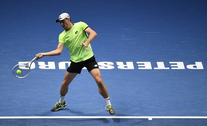 6683389 28.10.2021 Australia s John Millman returns the ball during the men s singles 2nd round match against Russia s Aslan Karatsev at the St. Petersburg Open international tennis tournament at Sibur Arena, in St. Petersburg, Japan. Alexander Galperin Sputnik Russia Tennis St Petersburg Open  b29d32ba789744da