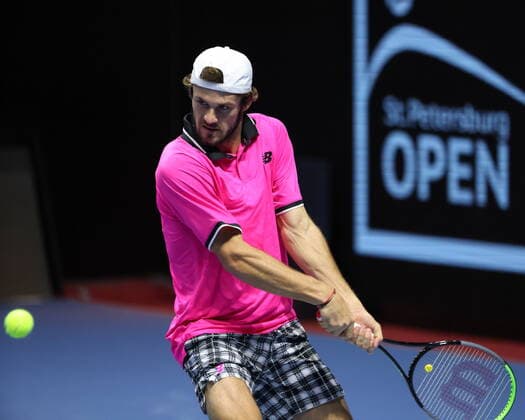 Saint Petersburg, Russia - 28 october 2021: Tennis. Taylor Fritz plays during a match against Tommy Paul at the St.Petersburg Open 2021 tennis tournament. Tommy Paul. MaksimxKonstantinov