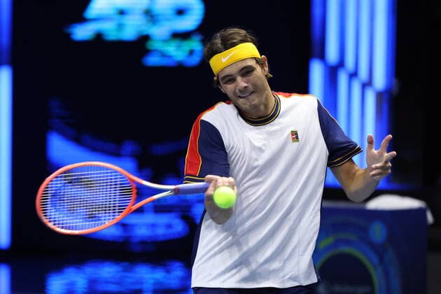 Saint Petersburg, Russia - 28 october 2021: Tennis. Taylor Fritz plays during a match against Tommy Paul at the St.Petersburg Open 2021 tennis tournament. Taylor Fritz. MaksimxKonstantinov