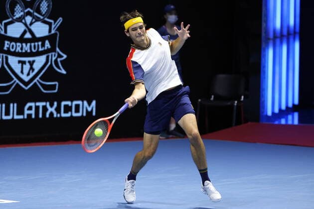 Saint Petersburg, Russia - 28 october 2021: Tennis. Taylor Fritz plays during a match against Tommy Paul at the St.Petersburg Open 2021 tennis tournament. Taylor Fritz. MaksimxKonstantinov