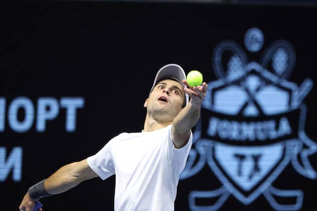 October 28, 2021, St. Petersburg, Russia: Aslan Karatsev of Russia seen in action during a tennis match against John Millman of Australia at the St. Petersburg Open, 2021 tennis tournament at Sibur Arena..Final score: St. Petersburg Russia - ZUMAs197 20211028_zaa_s197_035 Copyright: xMaksimxKonstantinovx