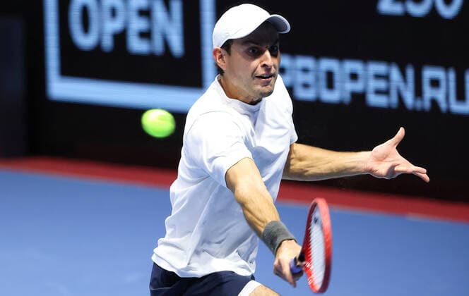 October 28, 2021, St. Petersburg, Russia: Aslan Karatsev of Russia seen in action during a tennis match against John Millman of Australia at the St. Petersburg Open, 2021 tennis tournament at Sibur Arena..Final score: St. Petersburg Russia - ZUMAs197 20211028_zaa_s197_058 Copyright: xMaksimxKonstantinovx