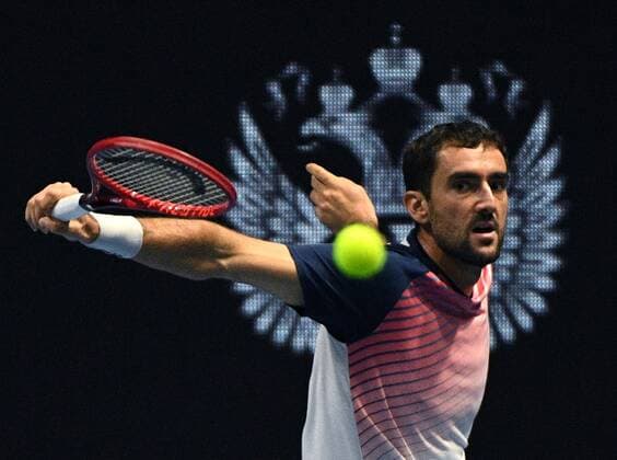 6683576 28.10.2021 Croatia s Marin Cilic returns the ball during the men s singles 2nd round match against Russia s Karen Khachanov at the St. Petersburg Open international tennis tournament at Sibur Arena, in St. Petersburg, Japan. Alexander Galperin Sputnik Russia Tennis St Petersburg Open  bf5004035f1ff9