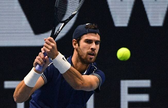 6683582 28.10.2021 Russia s Karen Khachanov returns the ball during the men s singles 2nd round match against Croatia s Marin Cilic at the St. Petersburg Open international tennis tournament at Sibur Arena, in St. Petersburg, Russia. Alexander Galperin Sputnik Russia Tennis St Petersburg Open  ea8e4d6d4a38f815
