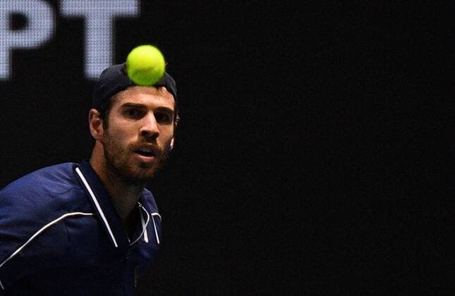 6683673 28.10.2021 Russia s Karen Khachanov returns the ball during the men s singles 2nd round match against Croatia s Marin Cilic at the St. Petersburg Open international tennis tournament at Sibur Arena, in St. Petersburg, Russia. Alexander Galperin Sputnik Russia Tennis St Petersburg Open  7961d596bb1d4b33