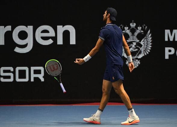 6683674 28.10.2021 Russia s Karen Khachanov reacts during the men s singles 2nd round match against Croatia s Marin Cilic at the St. Petersburg Open international tennis tournament at Sibur Arena, in St. Petersburg, Russia. Alexander Galperin Sputnik Russia Tennis St Petersburg Open  401bd3c1f08f848e