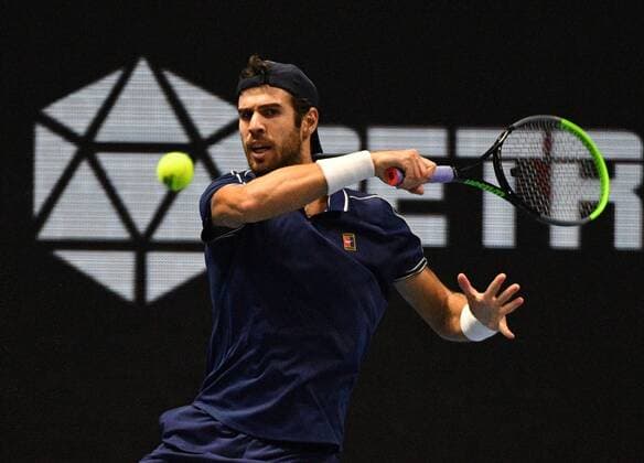 6683676 28.10.2021 Russia s Karen Khachanov returns the ball during the men s singles 2nd round match against Croatia s Marin Cilic at the St. Petersburg Open international tennis tournament at Sibur Arena, in St. Petersburg, Russia. Alexander Galperin Sputnik Russia Tennis St Petersburg Open  2cdba44de295df4e