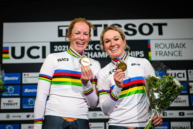 WILD Kirsten, PIETERS Amy UCI Track Cycling World Championships Roubaix 2021 WILD Kirsten PIETERS Amy NED Netherlands Winner First Place Award Ceremony Medal Ceremony Podium Landscape Event UCI Track Cycling World Championships 2021 Roubaix Stab Velodrome Category Category Cycling Track Cycling World Championships Elite Women Location Place Europe France Roubaix Stab Velodrome Discipline Madison Distance 30 km Date Date 23 10 2021 Saturday Day 4
