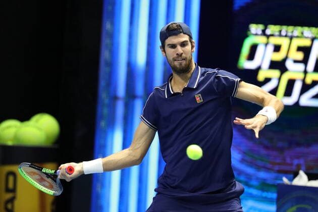 Saint Petersburg, Russia: Tennis. Plays during a match against Karen Khachanov at the St.Petersburg Open 2021 tennis tournament. Karen Khachanov. MaksimxKonstantinov