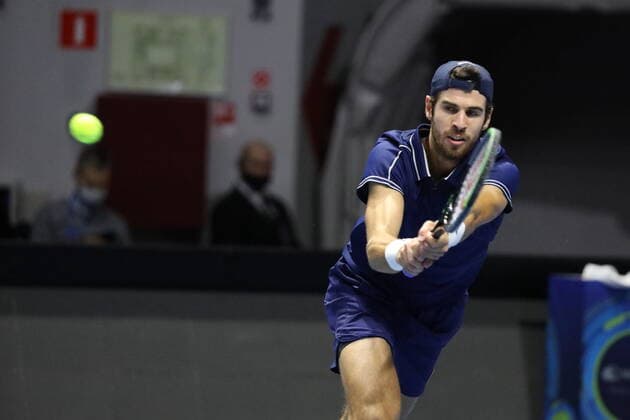 Saint Petersburg, Russia: Tennis. Plays during a match against Karen Khachanov at the St.Petersburg Open 2021 tennis tournament. Karen Khachanov. MaksimxKonstantinov