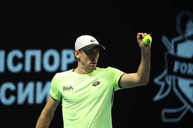 John Millman of Australia seen in action during a match against Taylor Fritz of USA at the St. Petersburg Open, 2021 tennis tournament at Sibur Arena. Final score: (Taylor Fritz 2 - 0 John Millman) MaksimxKonstantinov