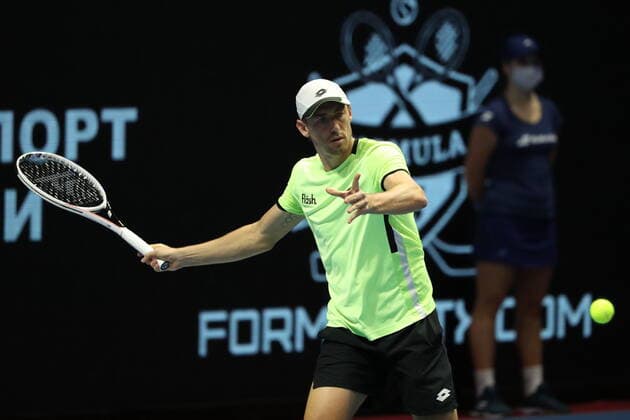 Saint Petersburg, Russia - 29 october 2021: Tennis. Taylor Fritz plays during a match against John Millman at the St.Petersburg Open 2021 tennis tournament. John Millman. MaksimxKonstantinov