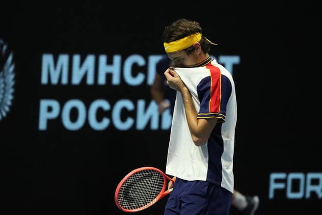 Saint Petersburg, Russia - 29 october 2021: Tennis. Taylor Fritz plays during a match against John Millman at the St.Petersburg Open 2021 tennis tournament. Taylor Fritz. MaksimxKonstantinov