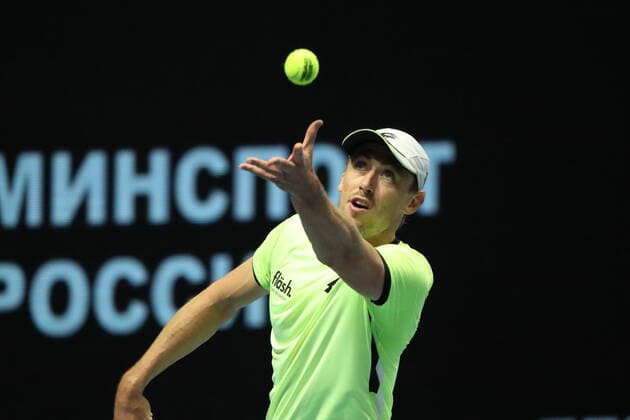 Saint Petersburg, Russia - 29 october 2021: Tennis. Taylor Fritz plays during a match against John Millman at the St.Petersburg Open 2021 tennis tournament. John Millman. MaksimxKonstantinov