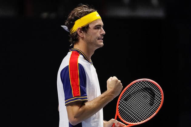 ATP, Tennis Herren St. Petersburg Open 2021 International Tennis Tournament Taylor Fritz of United States celebrates during the men s singles quarterfinal tennis match of the ATP 250 St. Petersburg Open 2021 International Tennis Tournament against John Millman of Australia at the Sibur Arena on October 29, 2021 in Saint Petersburg, Russia. Saint Petersburg Russia  Copyright: xMikexKireevx kireev-notitle211029_npqxP