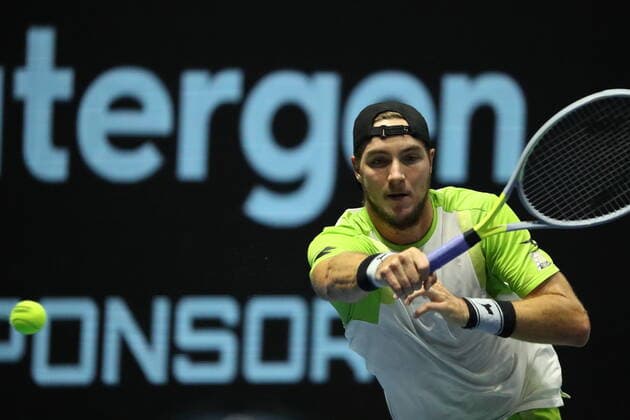 Saint Petersburg, Russia - 29 october 2021: Tennis. Jan-Lennard Struff plays during a match against Denis Shapovalov at the St.Petersburg Open 2021 tennis tournament. Jan-Lennard Struff. MaksimxKonstantinov