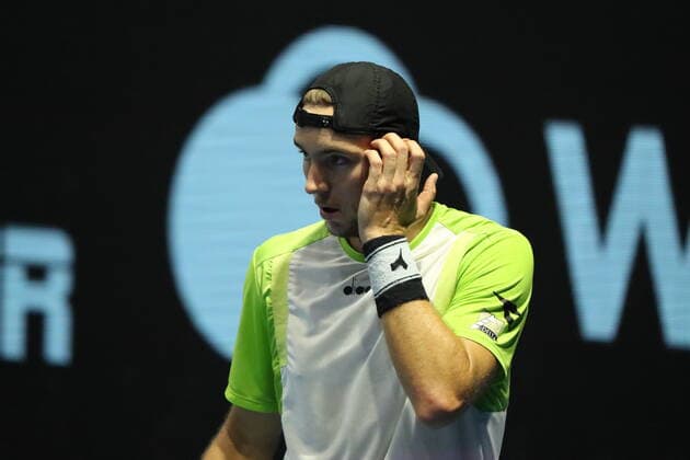 Saint Petersburg, Russia - 29 october 2021: Tennis. Jan-Lennard Struff plays during a match against Denis Shapovalov at the St.Petersburg Open 2021 tennis tournament. Jan-Lennard Struff. MaksimxKonstantinov