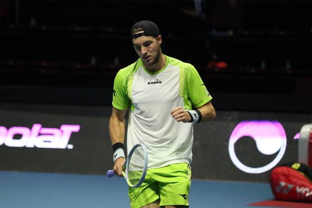 Saint Petersburg, Russia - 29 october 2021: Tennis. Jan-Lennard Struff plays during a match against Denis Shapovalov at the St.Petersburg Open 2021 tennis tournament. Jan-Lennard Struff. MaksimxKonstantinov