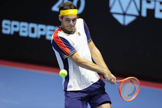 SAINT PETERSBURG, RUSSIA - OCTOBER 29: Taylor Fritz reacts during ATP, Tennis Herren International tennis tournament St. Petersburg Open on October 29, 2021, at Sibur Arena in Saint Petersburg, Russia. (Photo by Anatoliy Medved Icon Sportswire) TENNIS: OCT 29 St. Petersburg Open Icon2110292633