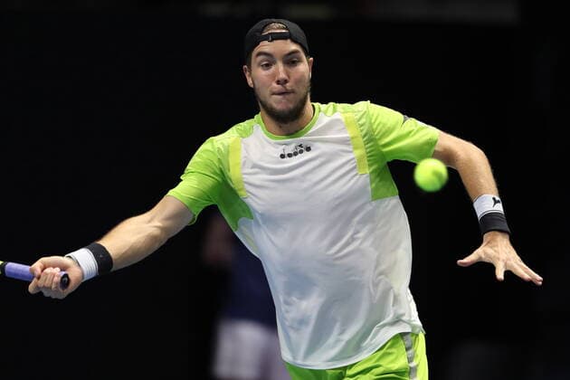 Saint Petersburg, Russia - 30 october 2021: Tennis. Jan-Lennard Struff plays during a match against Taylor Fritz at the St.Petersburg Open 2021 tennis tournament. Jan-Lennard Struff. MaksimxKonstantinov