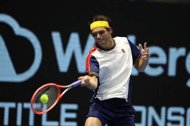 Saint Petersburg, Russia - 30 october 2021: Tennis. Jan-Lennard Struff plays during a match against Taylor Fritz at the St.Petersburg Open 2021 tennis tournament. Taylor Fritz. MaksimxKonstantinov